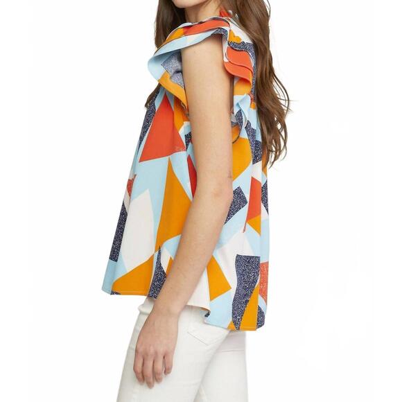 NEW ENTRO geometric ruffle sleeve top in blue - Picture 3 of 4